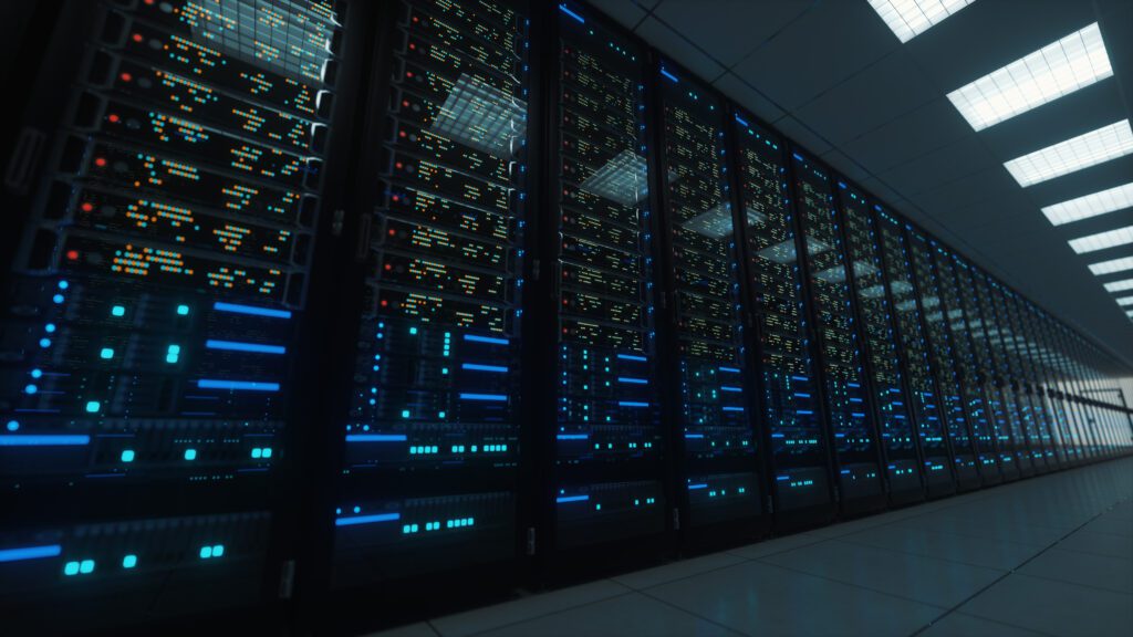 Modern interior server room data center. Connection and cyber ne